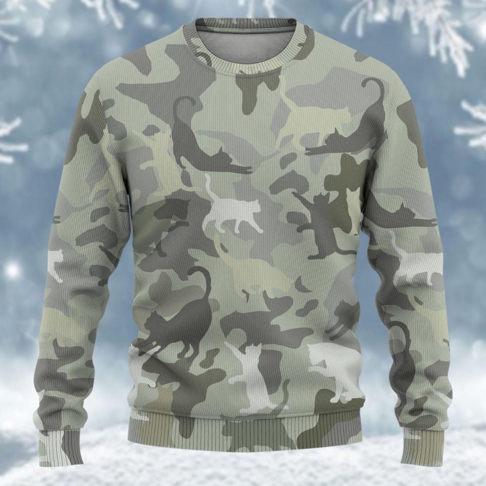 Christmas Cat Camo Ugly Sweater, Camouflage Christmas Sweater, Cat Lovers Holiday Sweater - Image 5