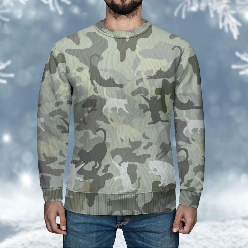 Christmas Cat Camo Ugly Sweater, Camouflage Christmas Sweater, Cat Lovers Holiday Sweater - Image 6