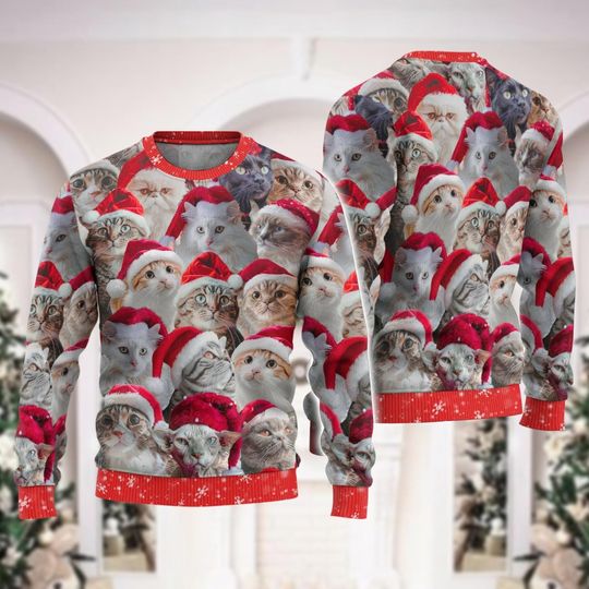 Christmas Cat Ugly Sweater, Cute Animal Christmas Sweatshirt - Image 6