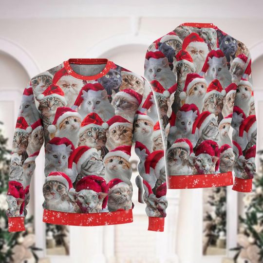 Christmas Cat Ugly Sweater, Cute Animal Christmas Sweatshirt - Image 7