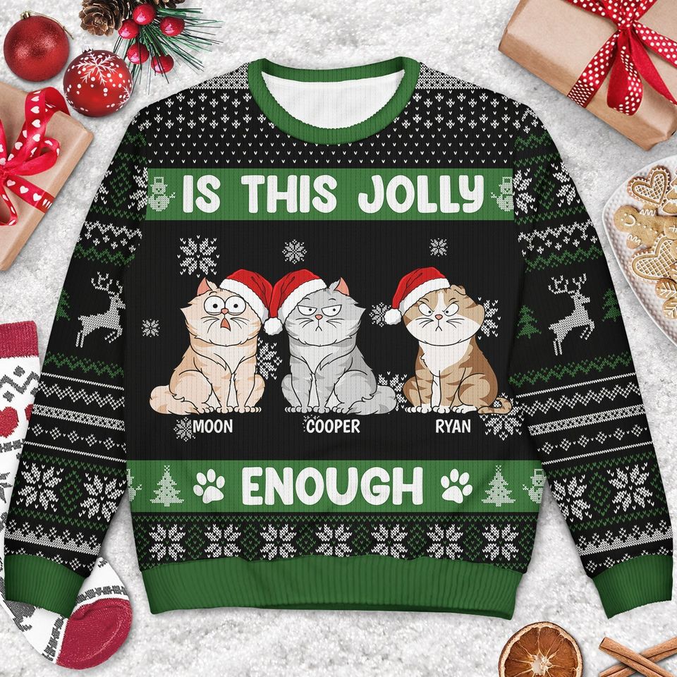 Christmas Cats Is This Jolly Enough - Gift For Cat Lovers - Personalized Unisex Ugly Sweater - Image 3