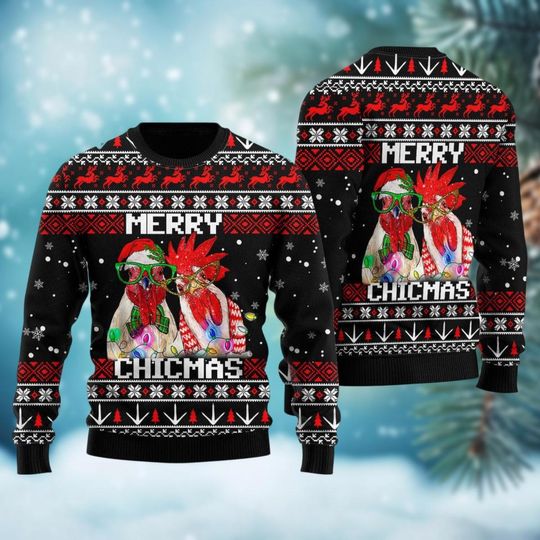 Christmas Chicken Ugly Sweater, Merry Chicmas Sweater, Funny Rooster Ugly Christmas Sweater - Image 7