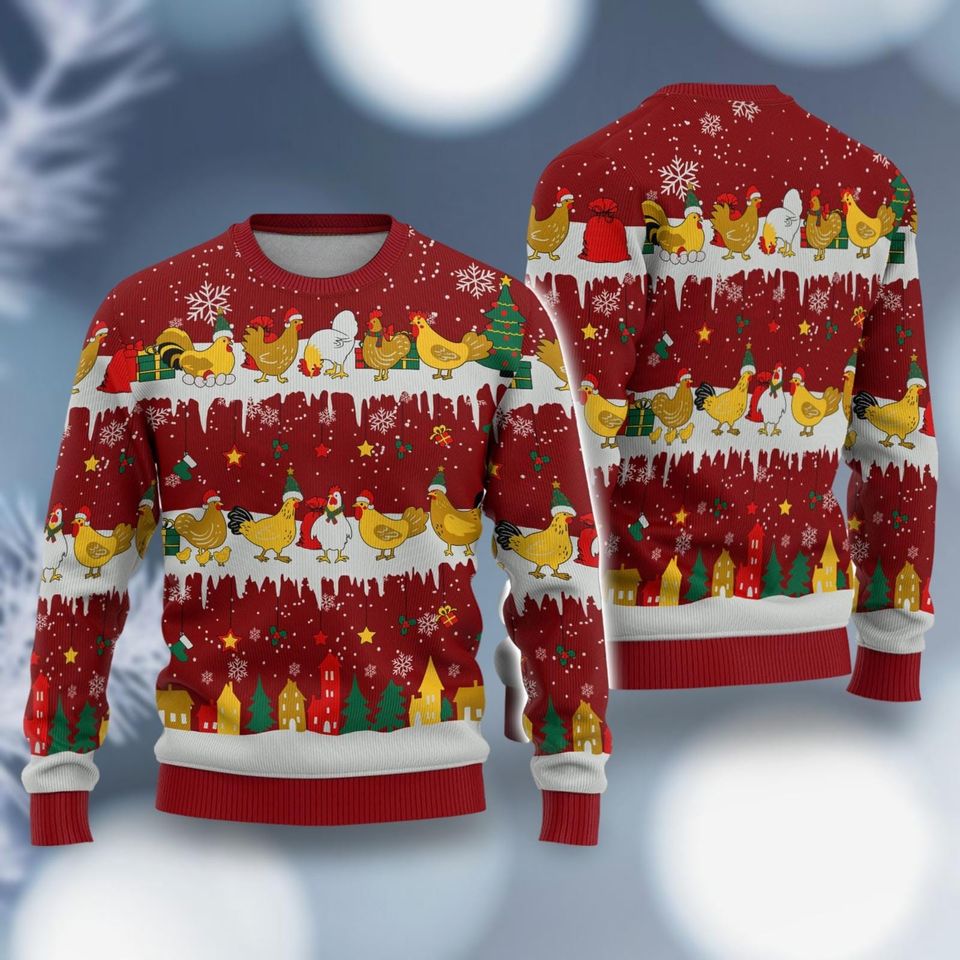 Christmas Chickens Sweater, Christmas Farm Animal Sweater
