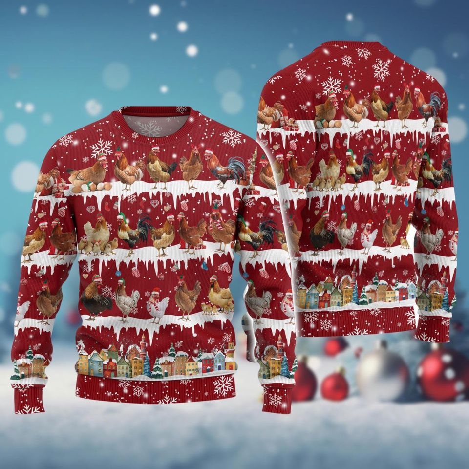 Christmas Chickens Ugly Sweater, Farm Animal Sweatshirt, Funny Holiday Sweater - Image 2