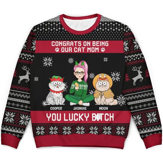 Christmas Congrats On Being My Cat Mom - Gift For Cat Lovers - Personalized Unisex Ugly Sweater - Image 4