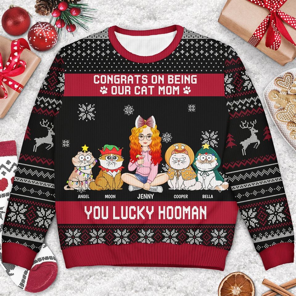 Christmas Congrats On Being My Cat Mom - Gift For Cat Lovers - Personalized Unisex Ugly Sweater - Image 3