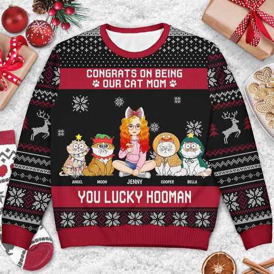 Christmas Congrats On Being My Cat Mom - Gift For Cat Lovers - Personalized Unisex Ugly Sweater - Image 6