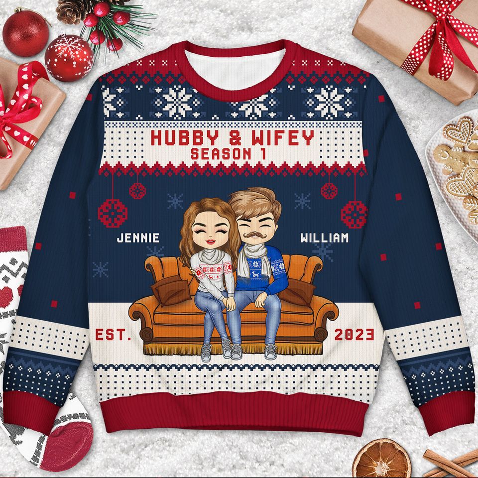 Christmas Couple Hubby And Wifey Season Custom Gift For Couples Unisex Ugly Sweatshirt - Image 3