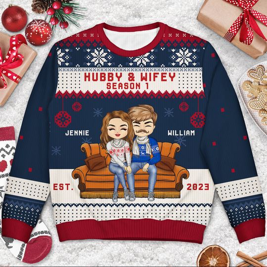 Christmas Couple Hubby And Wifey Season Custom Gift For Couples Unisex Ugly Sweatshirt - Image 6