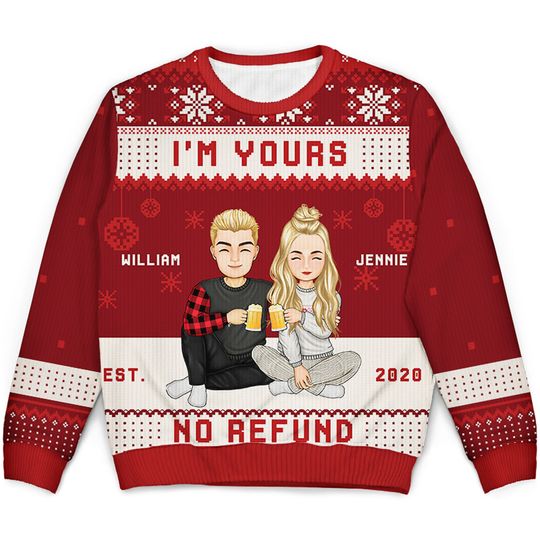 Christmas Couples I'm Yours No Refund Custom Christmas Couples Gift Unisex Ugly Sweater - Image 4