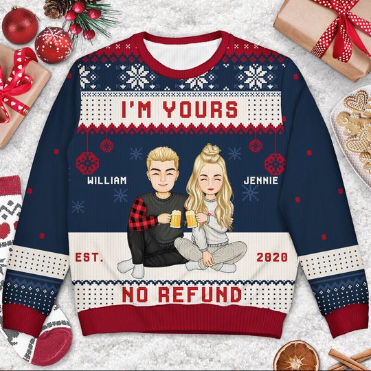 Christmas Couples I'm Yours No Refund Custom Christmas Couples Gift Unisex Ugly Sweater - Image 6