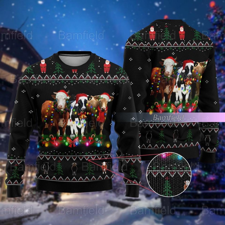 Christmas Cow Light Ugly Sweater, Funny Cow Ugly Christmas Sweater
