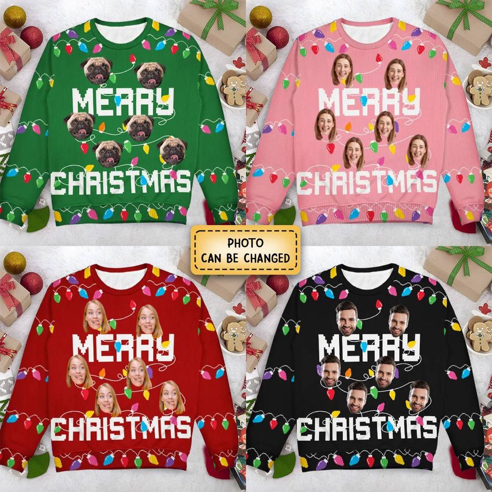 Christmas Custom Photo Family Christmas Tree - Personalized Unisex Ugly Sweater - Image 3