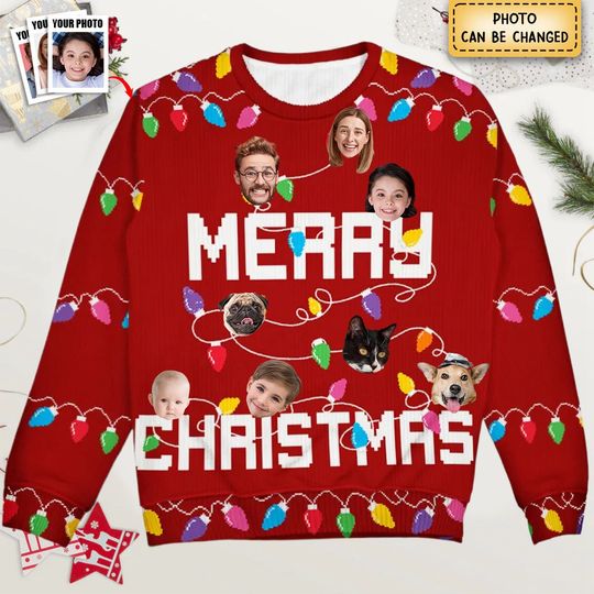 Christmas Custom Photo Family Christmas Tree - Personalized Unisex Ugly Sweater - Image 5