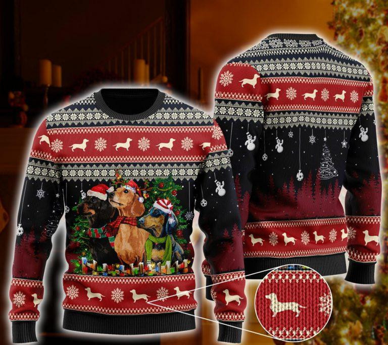 Christmas Dachshund Santa Hat Ugly Christmas Sweater Adult 3D Funny Matching for family