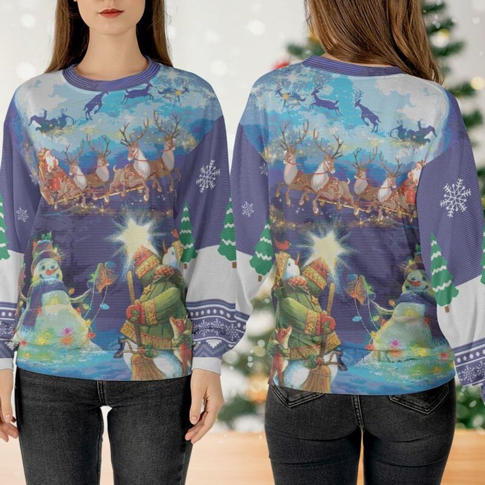 Christmas Deer Sleigh Sweater, Christmas Snowman  3D