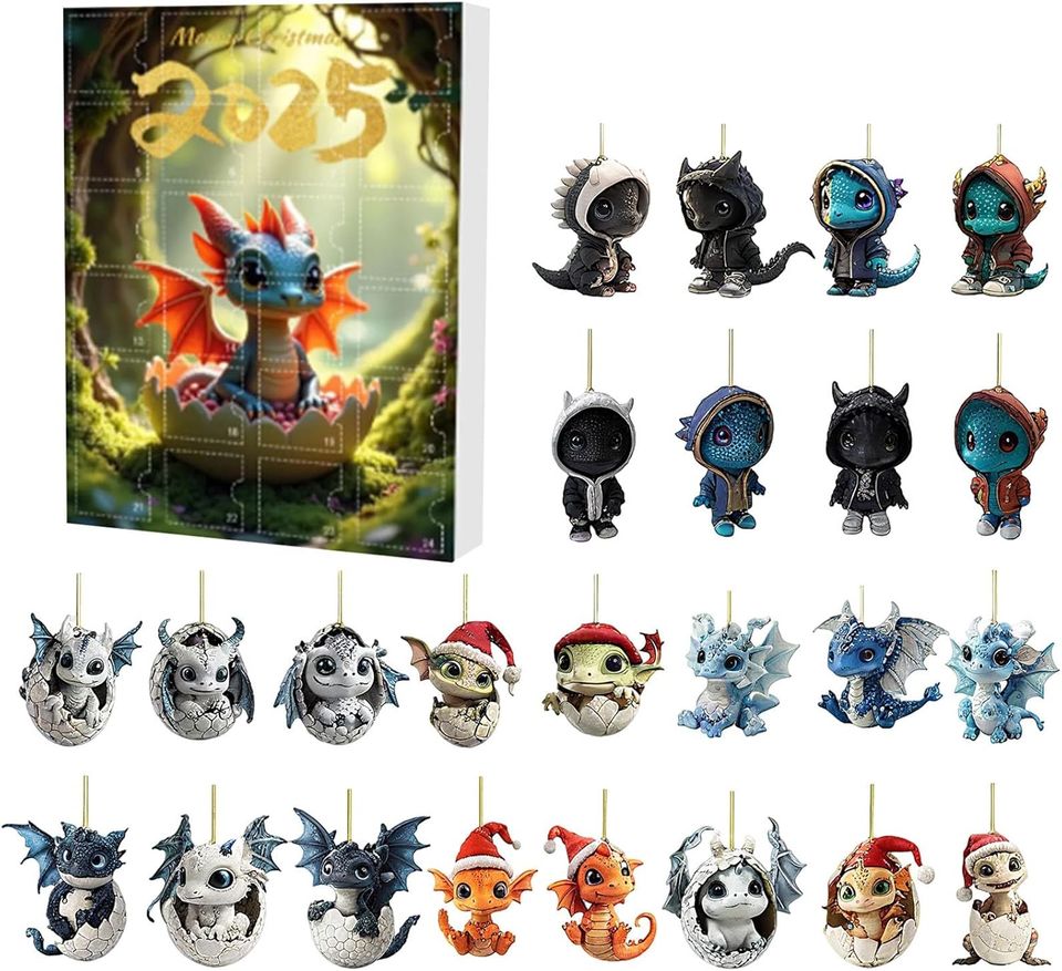 Christmas Dinosaur Advent Calendar 2025, 24 Days Christmas Countdown Hanging Ornament, Unique 2D Dragon Figurines Pendant Advent Calendars for Tree Wall Door Decor