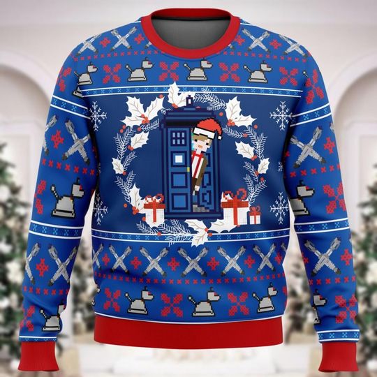 Christmas Doctor Who Ugly Sweater, Tardis Ugly Xmas Sweater, Police Box Sweatshirt - Image 7