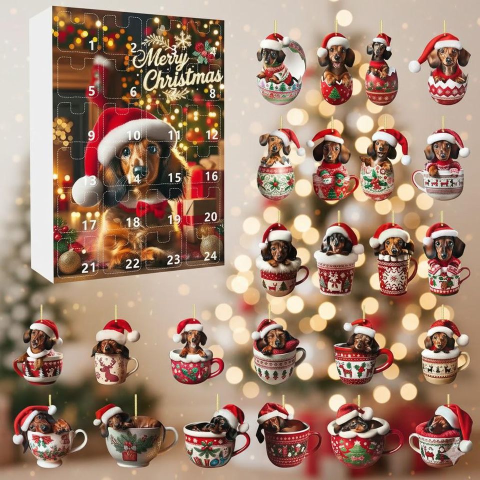 Christmas Dog Advent Calendar | 24 2D Dachshund Acrylic Ornaments | Wiener Dog Christmas Decor | Dog Lover Gift
