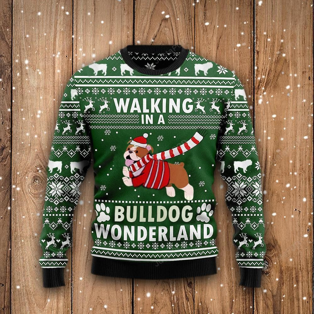 Christmas Dog Walking In A Bulldog Wonderland Ugly Christmas Sweater Adult 3D Funny Matching for family