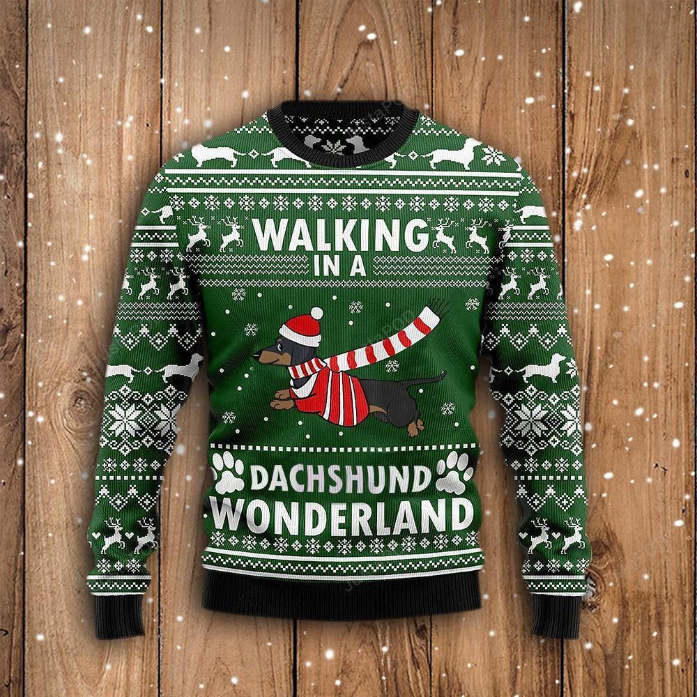 Christmas Dog Walking In A Dachshund Wonderland Ugly Christmas Sweater Adult 3D Funny Matching for family