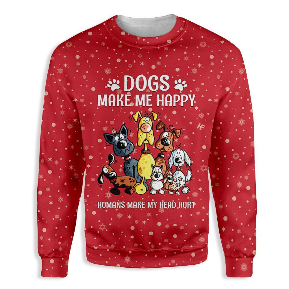 Christmas Dogs Make Me Happy Ugly Christmas Sweater Adult 3D Funny Matching for family