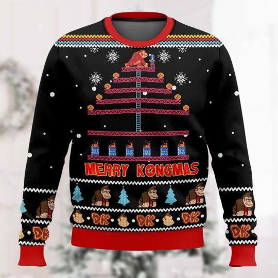 Christmas Donkey Kong Ugly Sweater, 80S Arcade Game Xmas Sweater, Mario Diddy Kong Holiday Sweater - Image 8