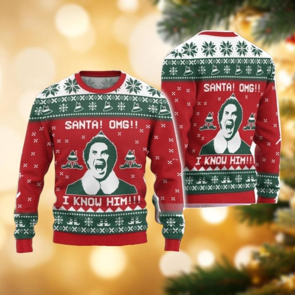 Christmas Elf Ugly Christmas Sweater, Santa Omg I Know Him Sweater - Image 2