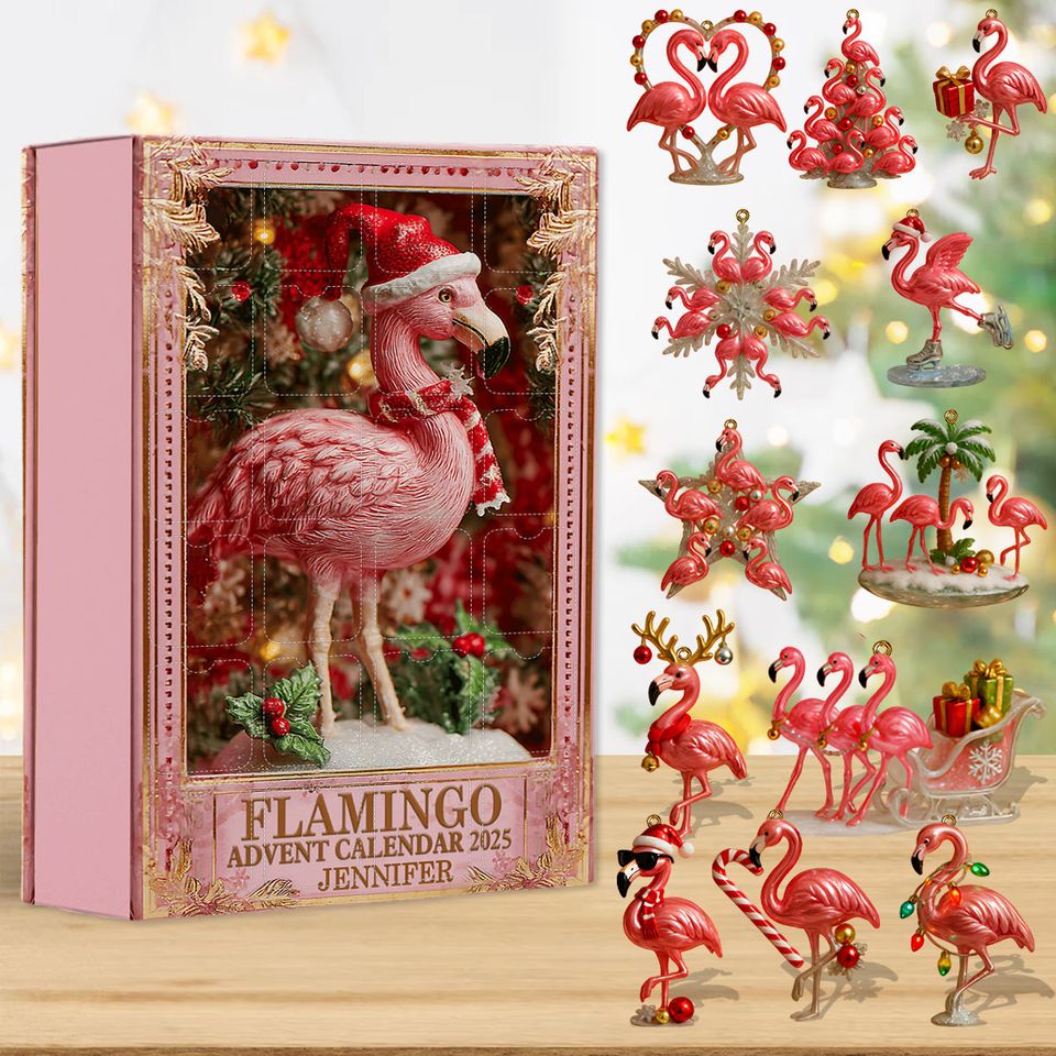 Christmas Flamingo - Personalized Flamingo Advent Calendar With Ornaments