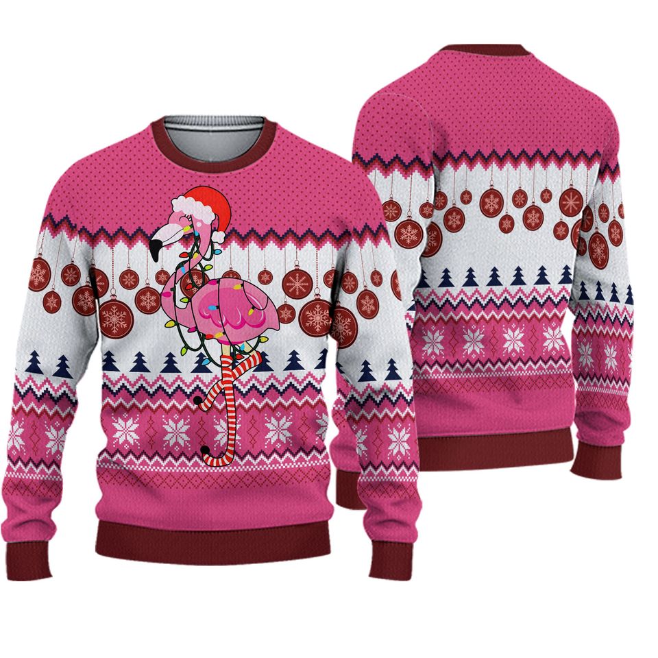 Christmas Flamingo Ugly Sweater, Flamingo Lights Ugly