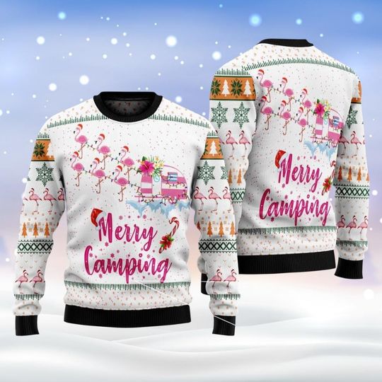 Christmas Flamingo Ugly Sweater, Flamingo Merry Camping Holiday Sweater - Image 6