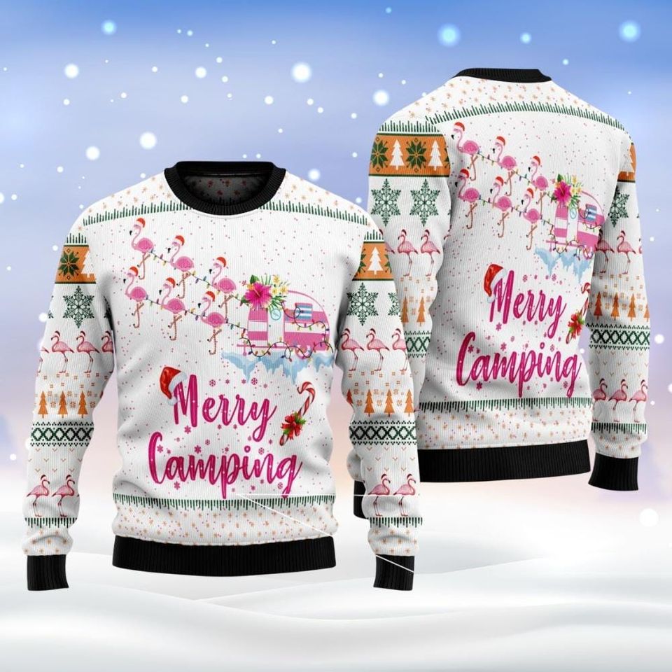 Christmas Flamingo Ugly Sweater, Flamingo Merry Camping Holiday Sweater