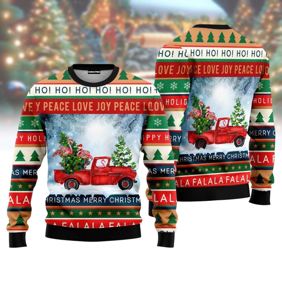 Christmas Flamingo Ugly Sweater, Flamingo With Red Truck