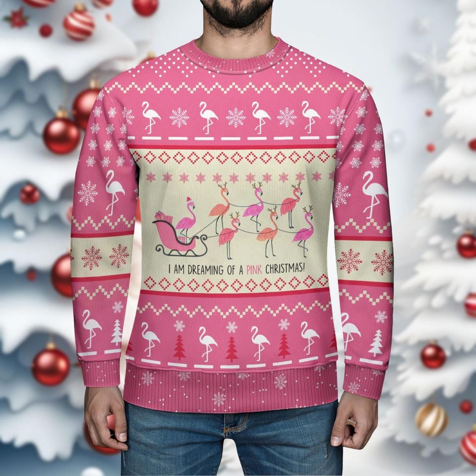 Christmas Flamingo Ugly Sweater, I Am Dreaming of A Pink Christmas Ugly Sweatshirts - Image 5