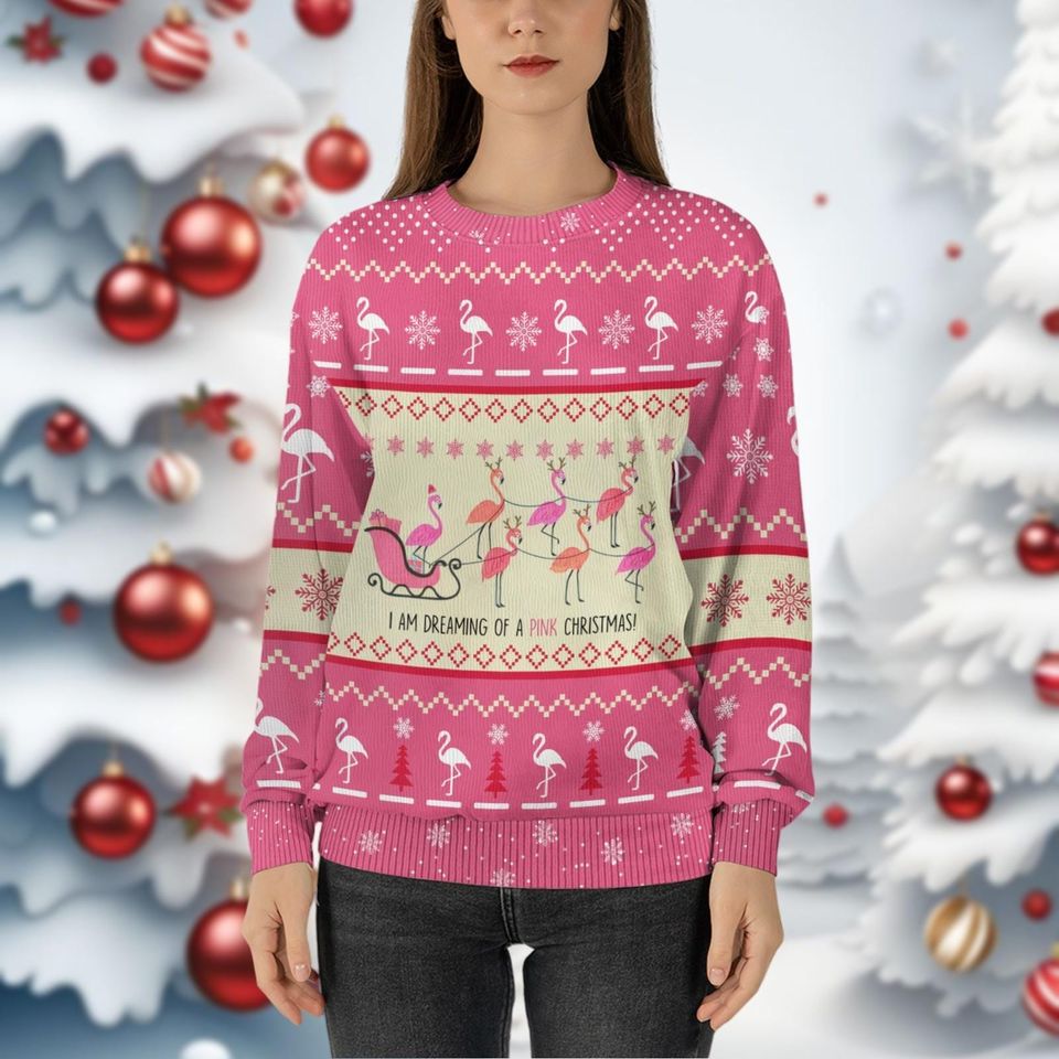 Christmas Flamingo Ugly Sweater, I Am Dreaming of A Pink Christmas Ugly Sweatshirts - Image 6