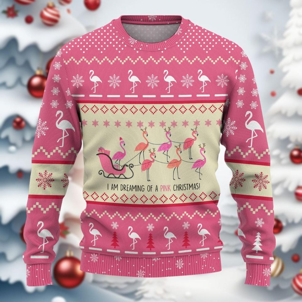 Christmas Flamingo Ugly Sweater, I Am Dreaming of A Pink Christmas Ugly Sweatshirts - Image 3