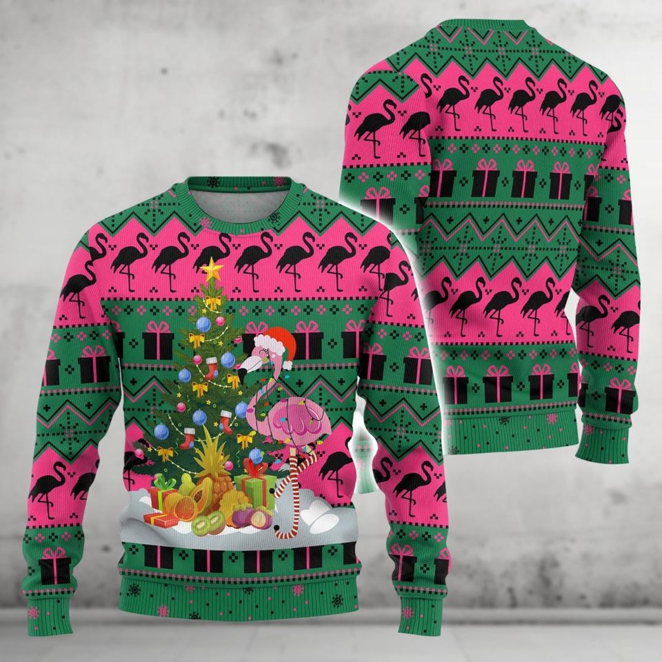 Christmas Flamingo Ugly Sweater, Pink Flamingo Xmas Sweater