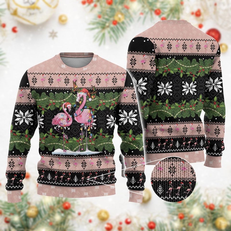 Christmas Flamingo Ugly Sweatshirt, Bird Lights Santa Hat Ugly Sweatshirt
