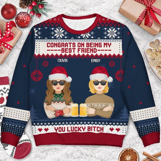 Christmas Flat Art Congrats On Being My Bestie - Gift For Bestie - Personalized Unisex Ugly Sweater - Image 4