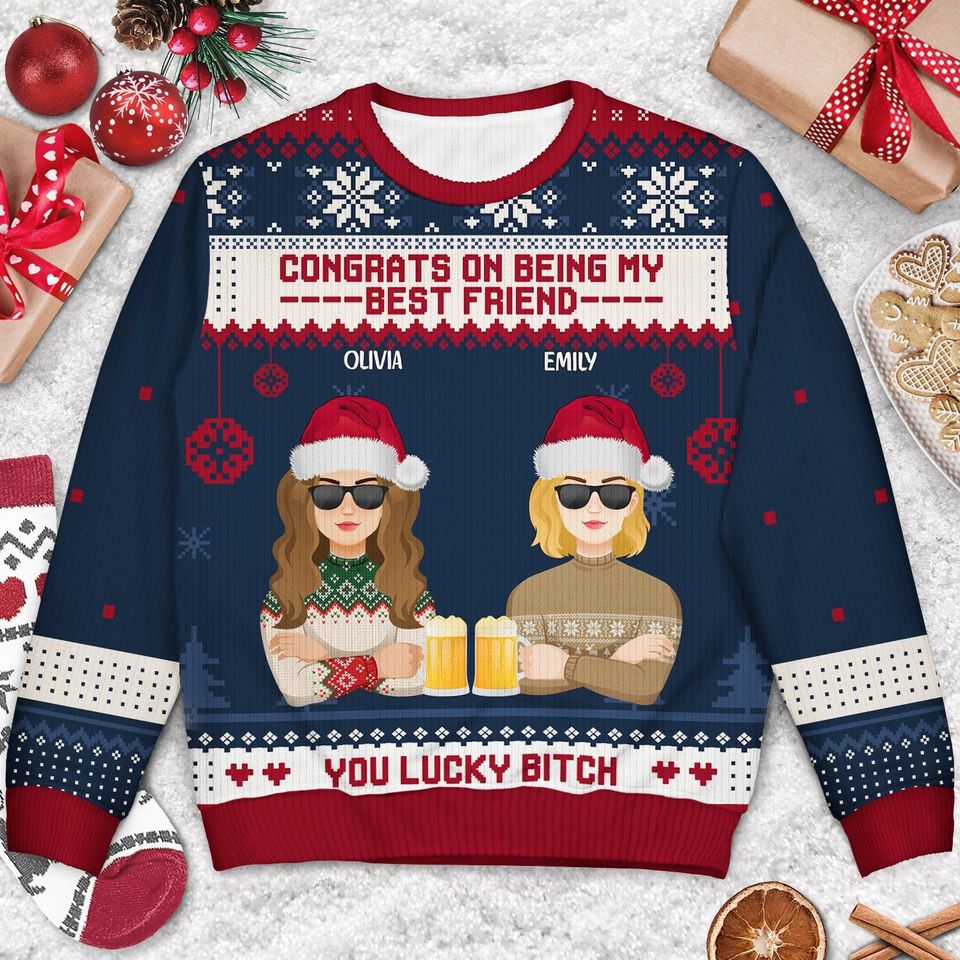Christmas Flat Art Congrats On Being My Bestie - Gift For Bestie - Personalized Unisex Ugly Sweater - Image 2