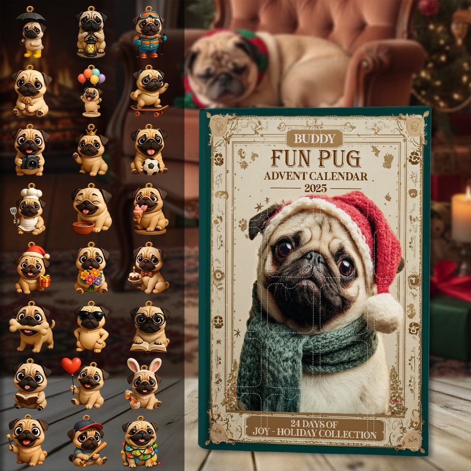 Christmas Fun Pug - Personalized Dog Advent Calendar With Ornaments