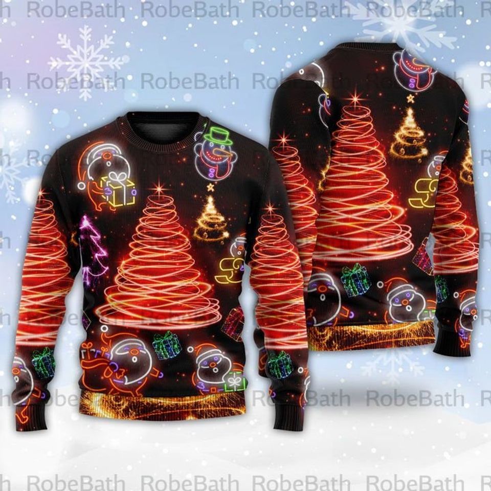 Christmas Funny Santa Claus Tree Red Neon Light Ugly Christmas Sweater