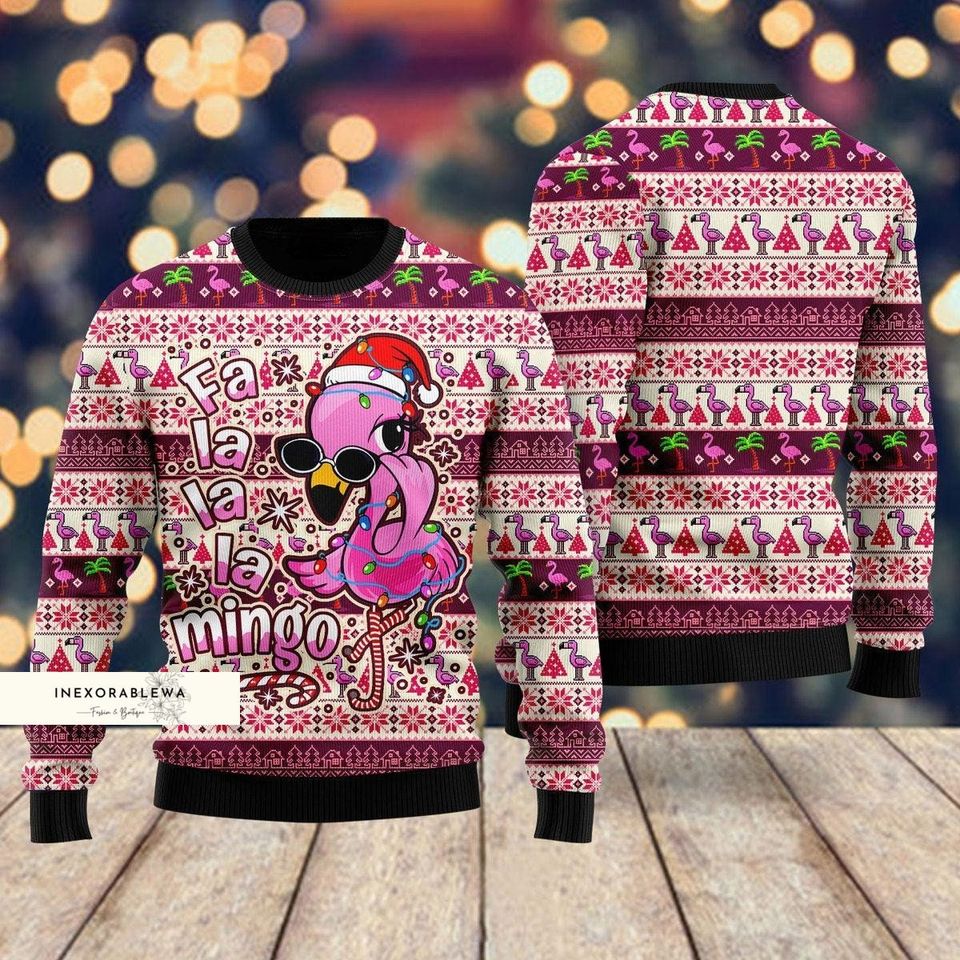 Christmas Gift, Flamingo Ugly Christmas Sweater, Fa La La Mingo
