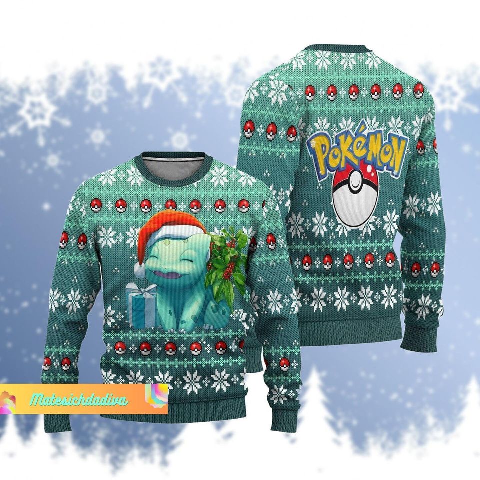 Christmas Gift, PKM Bulbasaur Ugly Sweater, PKM Bulbasaur Xmas Sweater