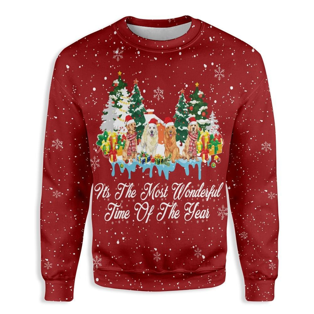 Christmas Golden Retriever ItS The Most Wonderful Time Of The Year Ugly Christmas Sweater Adult 3D Funny Matching for family