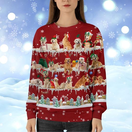 Christmas Golden Retriever Ugly Sweater, Golden Retriever Santa Hat Xmas Sweater - Image 11