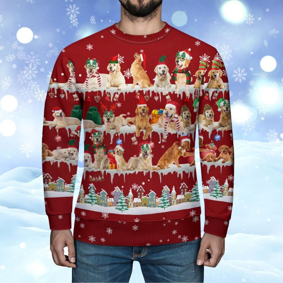 Christmas Golden Retriever Ugly Sweater, Golden Retriever Santa Hat Xmas Sweater - Image 5