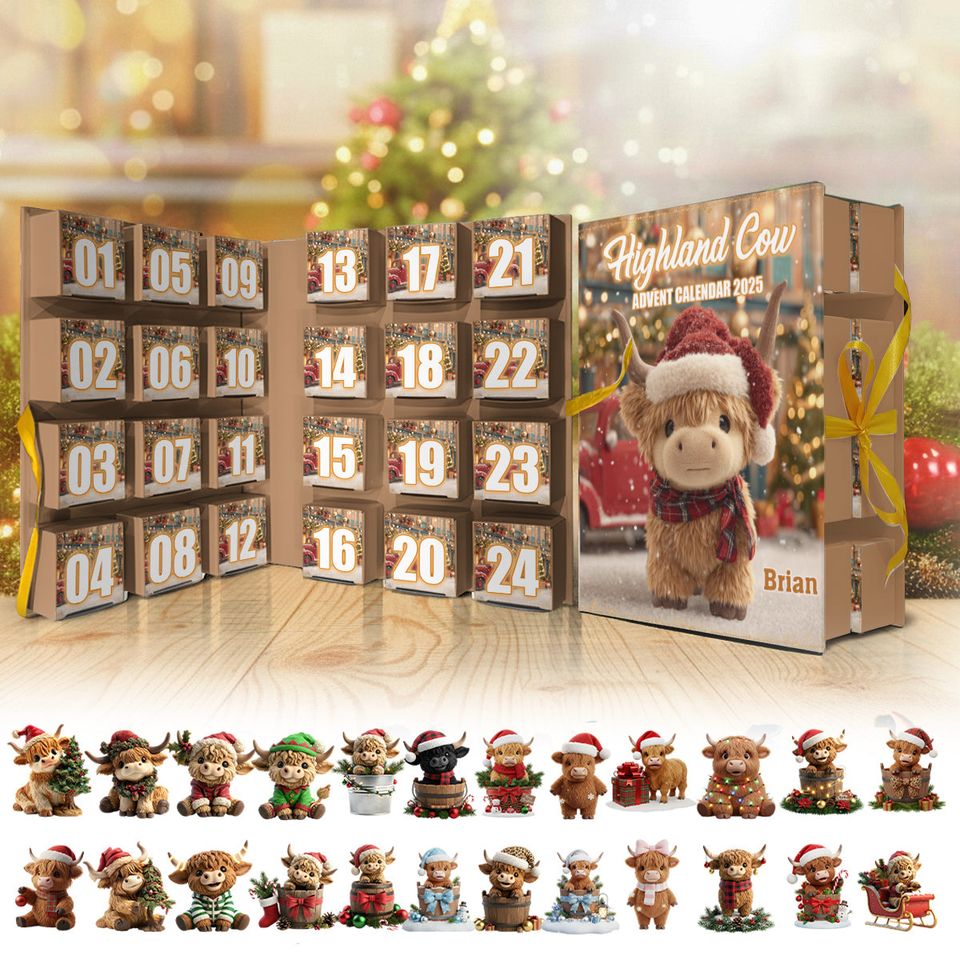 Christmas Highland Cow - Personalized Highland Cow Folded Advent Calendar With Ornaments