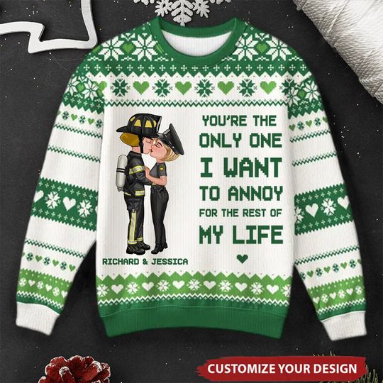 Christmas Hugging Kissing Couple Occupation Personalized Faux Knitting Ugly Sweater - Image 6