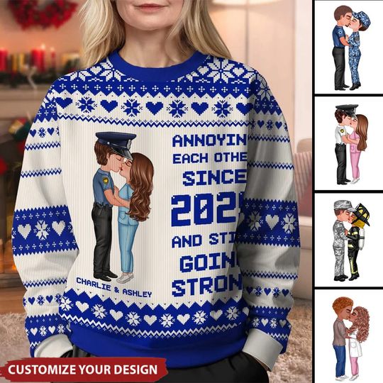 Christmas Hugging Kissing Couple Occupation Personalized Faux Knitting Ugly Sweater - Image 4
